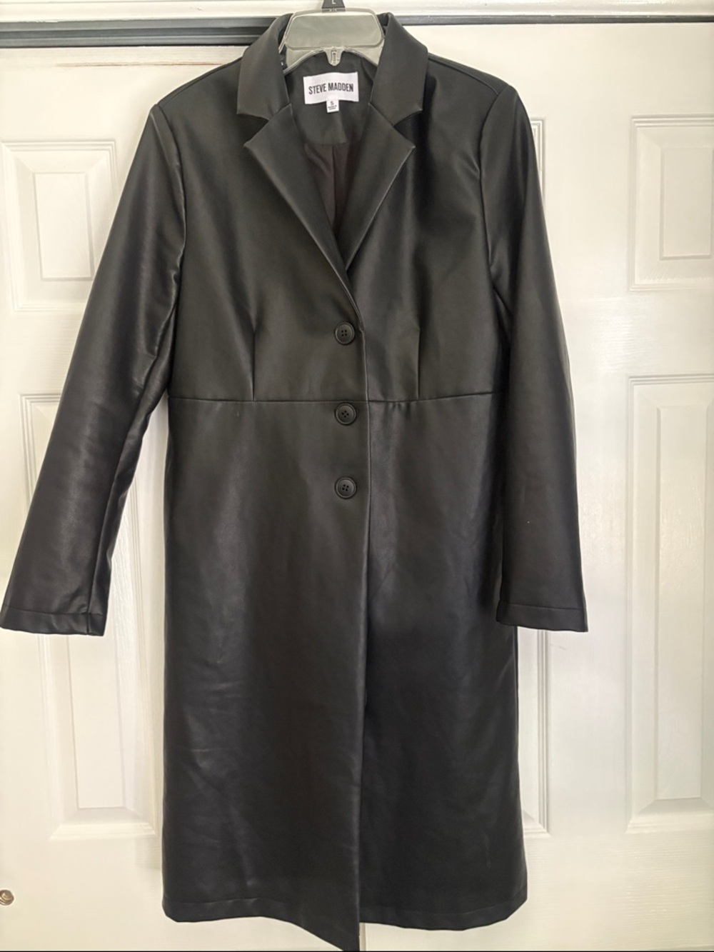 Steve Madden Black Faux Leather Longline Button Coat